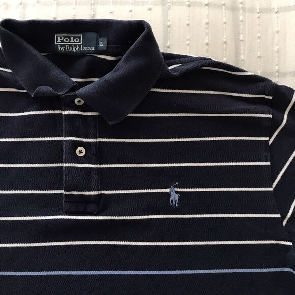 Polo Ralph Lauren Navy Blue Striped Preppy Academia Cotton Mens Shirt - L - Picture 3 of 5